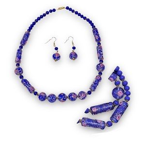 Murano Aventurine Glass Blue Pink Wedding Cake Beads Necklace Earrings Set